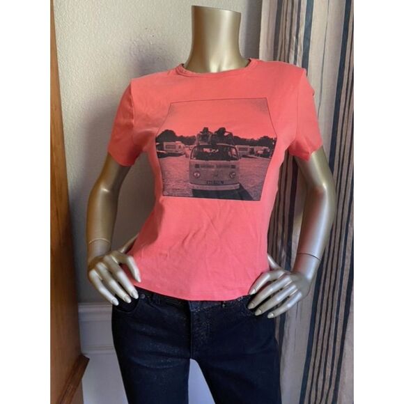 EUC Topshop Coral VW Bus Crop Super Soft T-Shirt Tee 12 XS - Picture 2 of 5